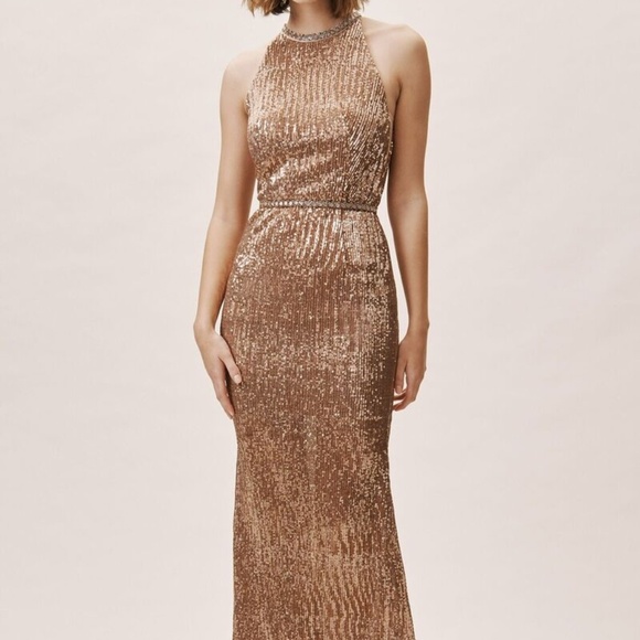 Bronx and Banco Moon Copper Sequin Halter Gown Bronx and Banco Moon Copper Sequin Halter Gown
